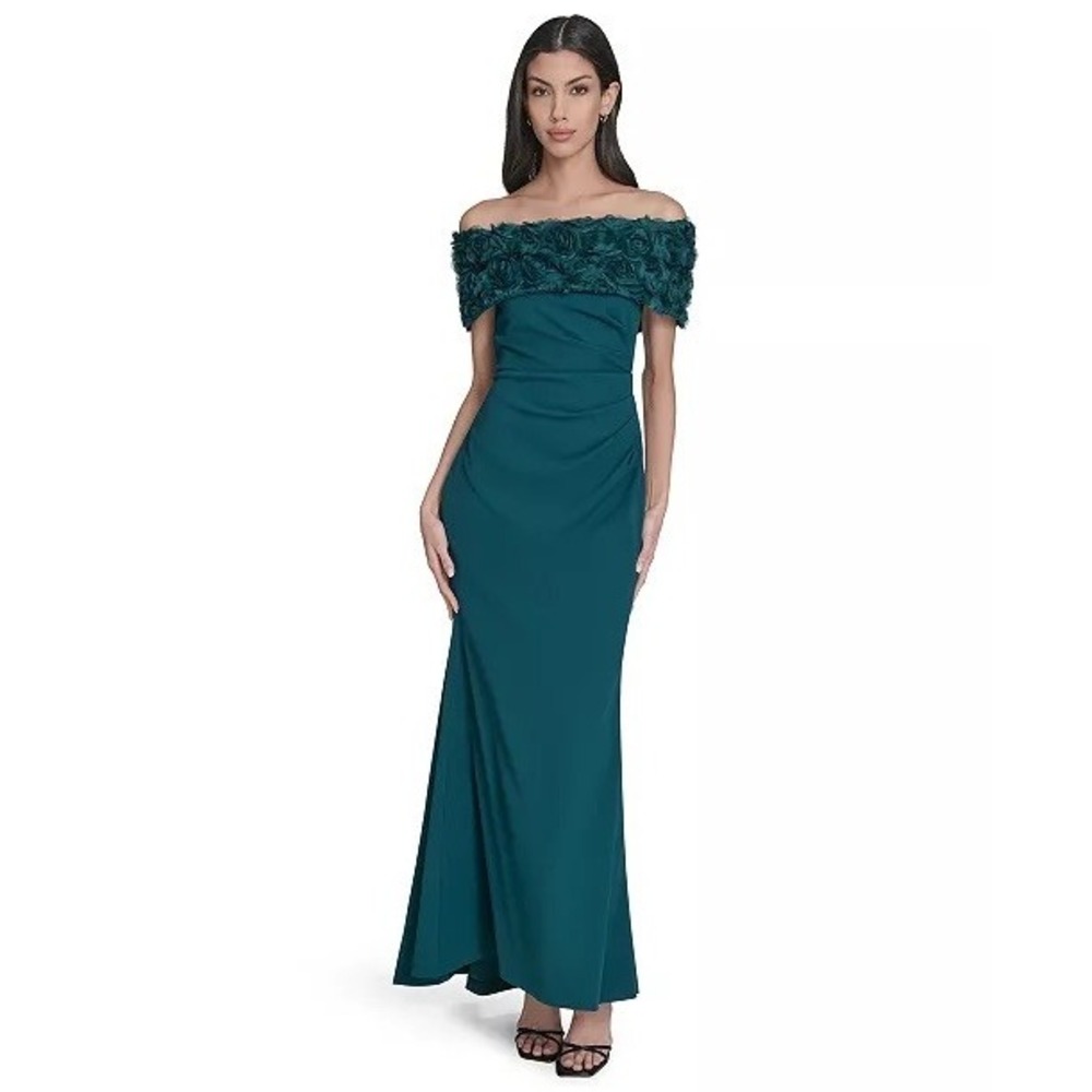NWT XSCAPE Ruffled Off-The-Shoulder Long Dress Women Sz 8 Hunter $309